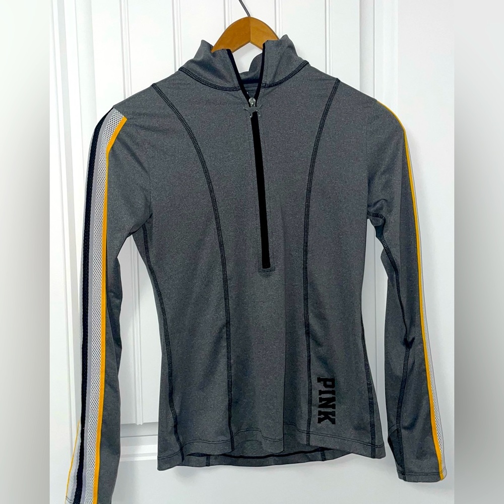 PINK grey half zip long sleeve workout shirt.